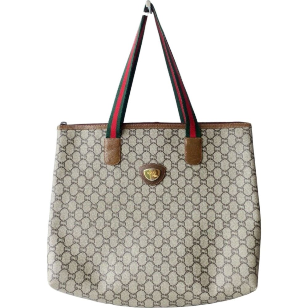 Gucci Beige and Brown Tote Bag with Red and Green Straps